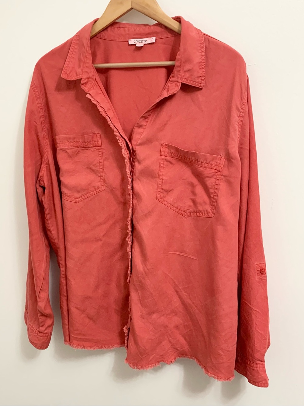 Chicos Fringe Denim Button Down Shirt Lyocell Raw Hem Salmon 4 - Womens Plus 20